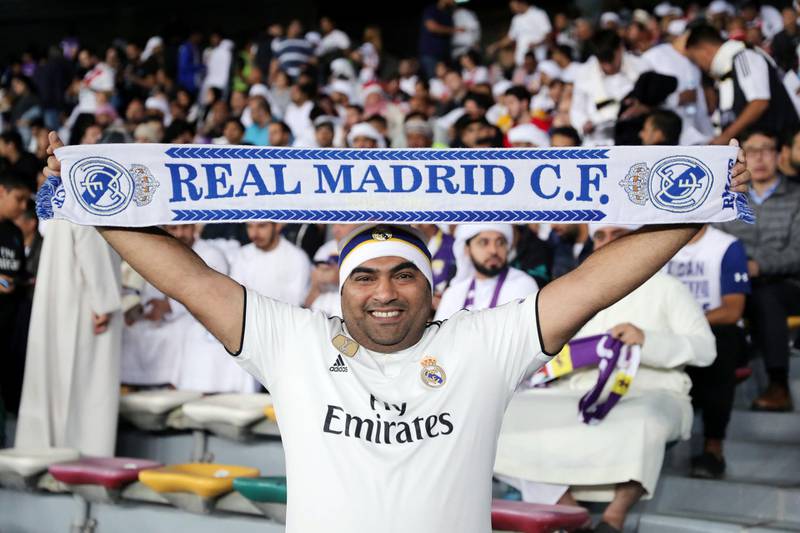 Abu Dhabi, United Arab Emirates - December 22, 2018: Real Madrid fans before the match between Real Madrid and Al Ain at the Fifa Club World Cup final. Saturday the 22nd of December 2018 at the Zayed Sports City Stadium, Abu Dhabi. Chris Whiteoak / The National