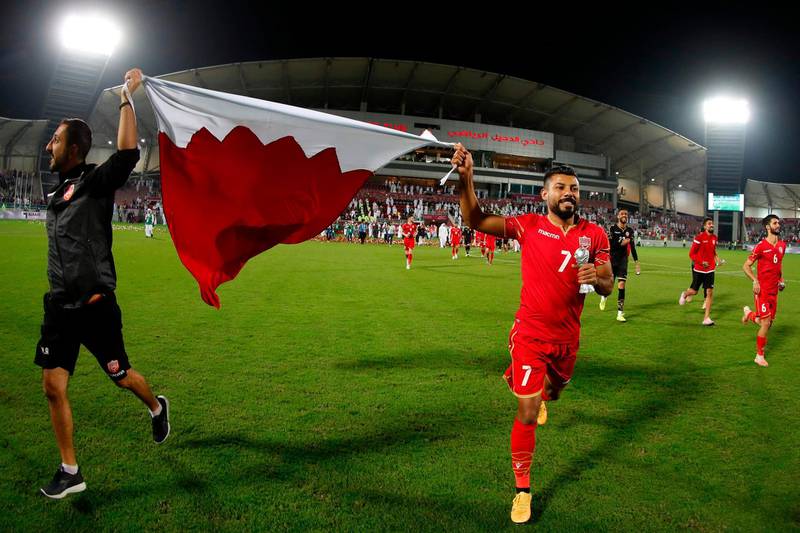 Players hold up a Bahrain flag. AFP