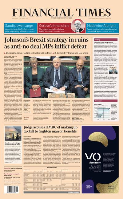 The Financial Times: Johnson's Brexit strategy in ruins as anti-no deal MPs inflict defeat