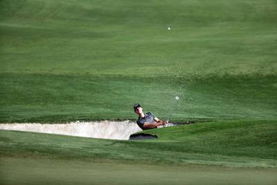 Thomas Pieters  plays a shot during the second round of the DP World Tour Championship. Karim Sahib / AFP