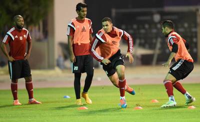 Ismail Ahmed of the UAE trains on Sunday ahead of the UAE's second Gulf Cup group match, against Kuwait, on Monday night. Photo Courtesy / UAE FA