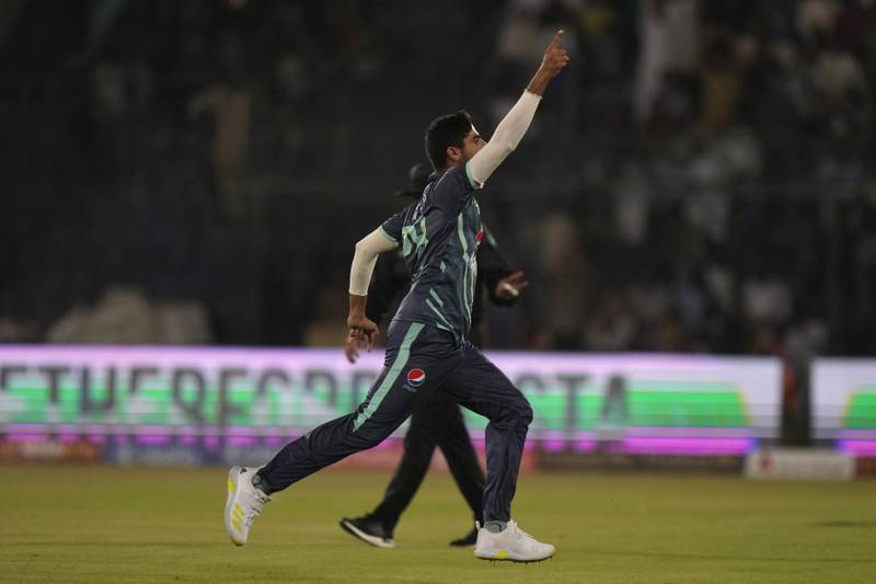Pakistan's Shahnawaz Dahani celebrates the dismissal of England batter Phil Salt. AP