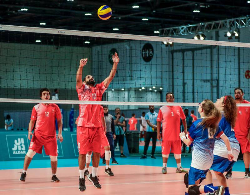 Abu Dhabi, March 17, 2019.  Special Olympics World Games Abu Dhabi 2019. Volleyball match at Adnec.  UAE VS.  USA..--  Mohammed Albloushi saves the ball.Victor Besa/The National