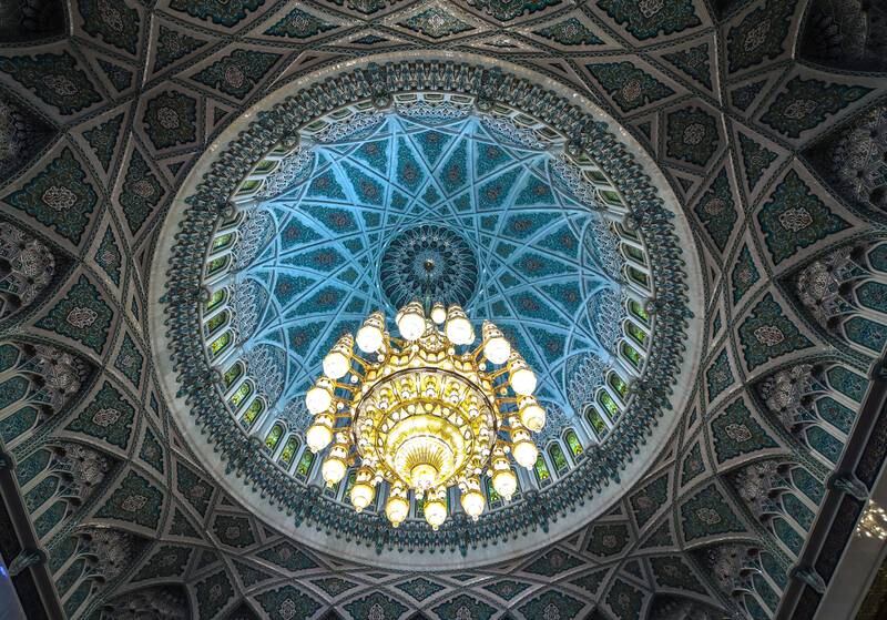 The Sultan Qaboos Grand Mosque in Muscat. The chandelier sits 14 metres above the praying hall.