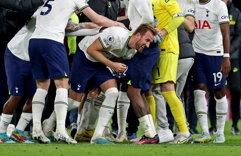 Tottenham players celebrate with Harry Kane after the 1-0 Premier League win over Manchester City at Tottenham Hotspur Stadium in North London on February 5, 2023. Kane's 15th-minute goal was his 267th for Spurs - a club record. Reuters 