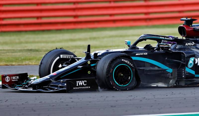 Lewis Hamilton driving on the last lap with a puncture at Silverstone. Getty