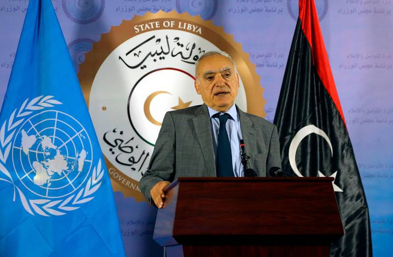 Ghassan Salame, UN special envoy for Libya and head of the UN Support Mission in Libya (UNSMIL), speaks during a press conference at the Prime Minister's office in the capital Tripoli, on September 12, 2018. (Photo by MAHMUD TURKIA / AFP)