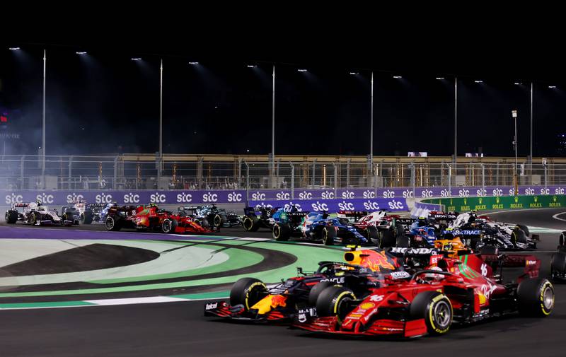 Drivers race during the Saudi Arabian Grand Prix at the Jeddah Corniche Street Circuit. AP