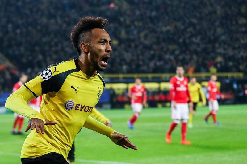 Pierre-Emerick Aubameyang made up for his profligacy in the first leg to score a hat-trick in the second that sent Borussia Dortmund into the Uefa Champions League quarter-finals. Maja Hitij / Getty Images