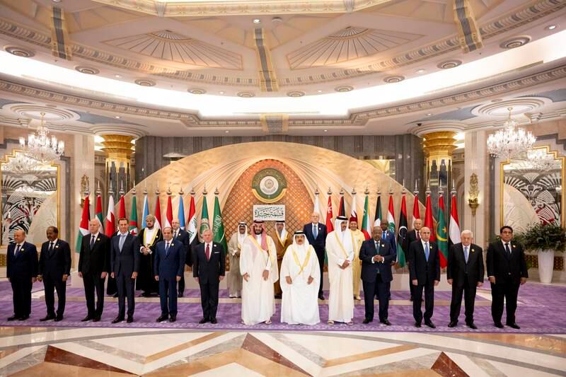 Sheikh Mansour bin Zayed, Vice President, Deputy Prime Minister and Minister of the Presidential Court, stands for a photo with other leaders during the Arab League summit