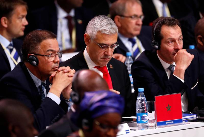 Fouzi Lekjaa, left, president of the Moroccan football federation, takes part in the 68th FIFA Congress in Moscow, Russia, on June 13, 2018. Sergei Chirikov / EPA