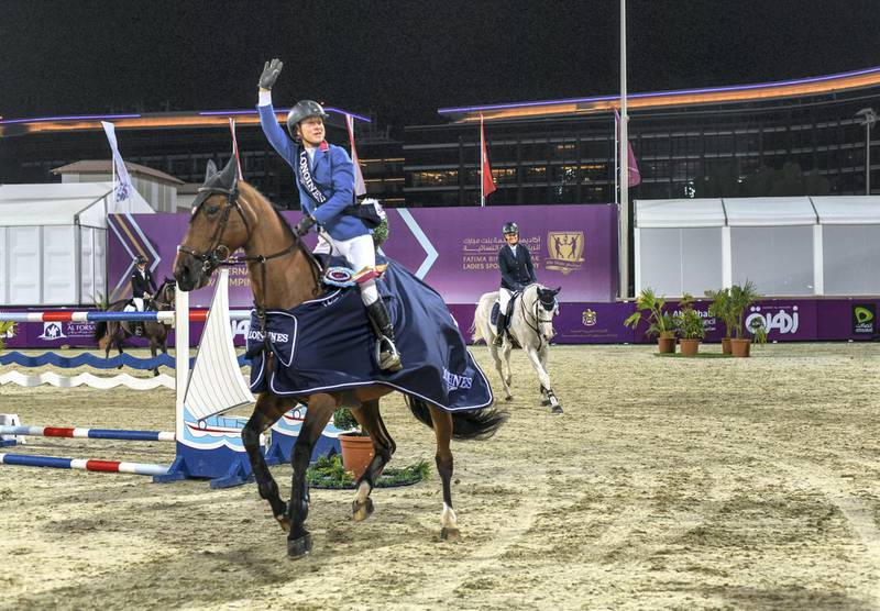 Abu Dhabi, United Arab Emirates - Alice Debany Clero, from United States wins first place at the CSIL 2-star competition by FBMA International Cup at Al Forsan Internal Sports Resort. Khushnum Bhandari for The National