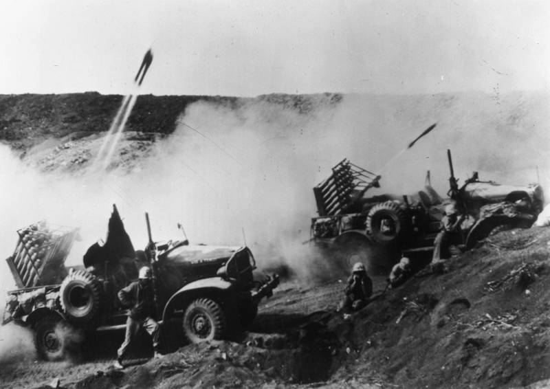 US Marine rocketeers attack Japanese positions on Iwo Jima in support of a leatherneck advance, on March 23, 1945. Getty Images