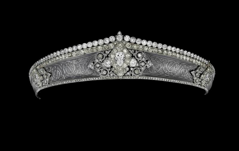 A Cartier tiara from 1912 made on special order with platinum, round old and rose-cut diamonds, pear-shaped diamonds, carved rock crystal and a millegrain setting. Photo: Cartier Collection
