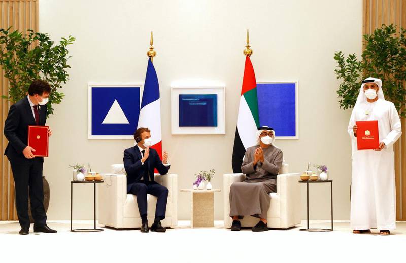 A letter of intent to develop lunar spacecrafts together was signed by the Mohammed bin Rashid Space Centre and France's National Centre for Space Studies, in the presence of Sheikh Mohamed bin Zayed, Crown Prince of Abu Dhabi and Deputy Supreme Commander of the Armed Forces, and French President Emmanuel Macron. Photo: Mbrsc