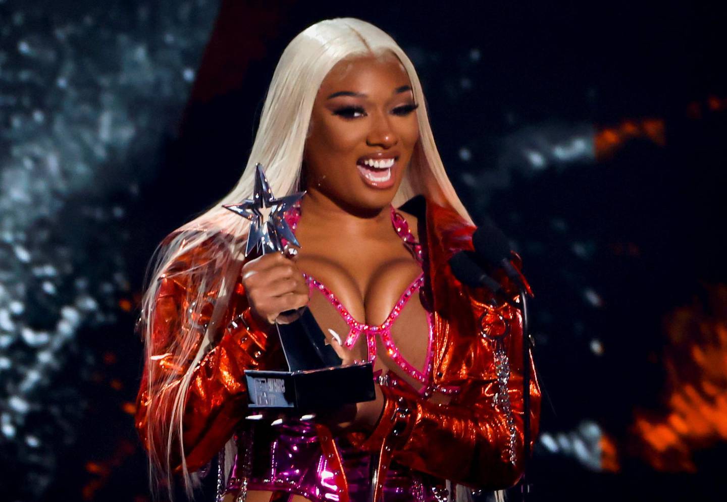 Megan Thee Stallion speaks after receiving the Viewer's Choice Award during the BET Awards at Microsoft theatre in Los Angeles, California, U.S., June 27, 2021. REUTERS/Mario Anzuoni