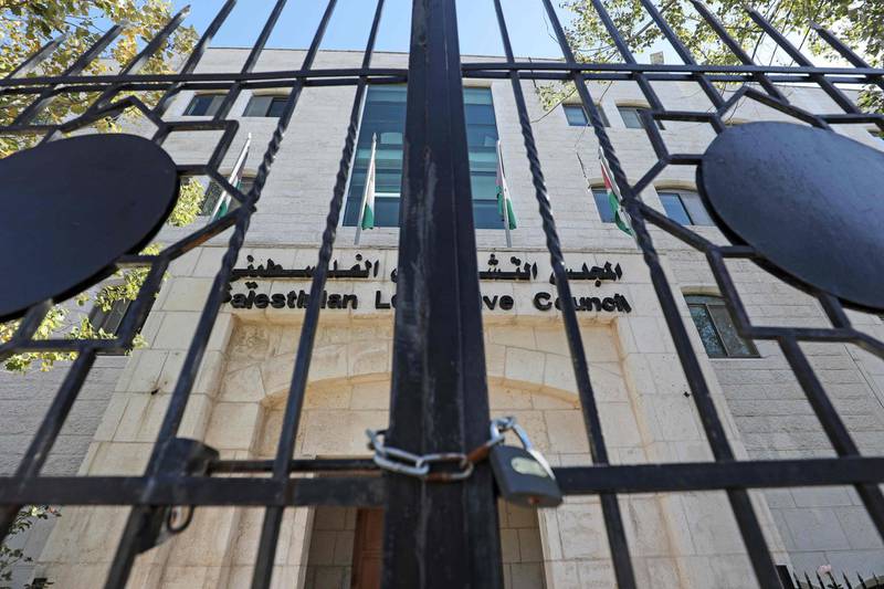 The locked gates of the defunct Palestinian Parliament in the West Bank city of Ramallah. AFP