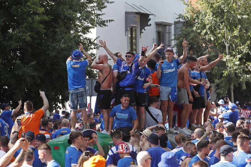 Glasgow Rangers supporters in downtown Seville before the Europa League final against Eintracht Frankfurt on May 18. AP