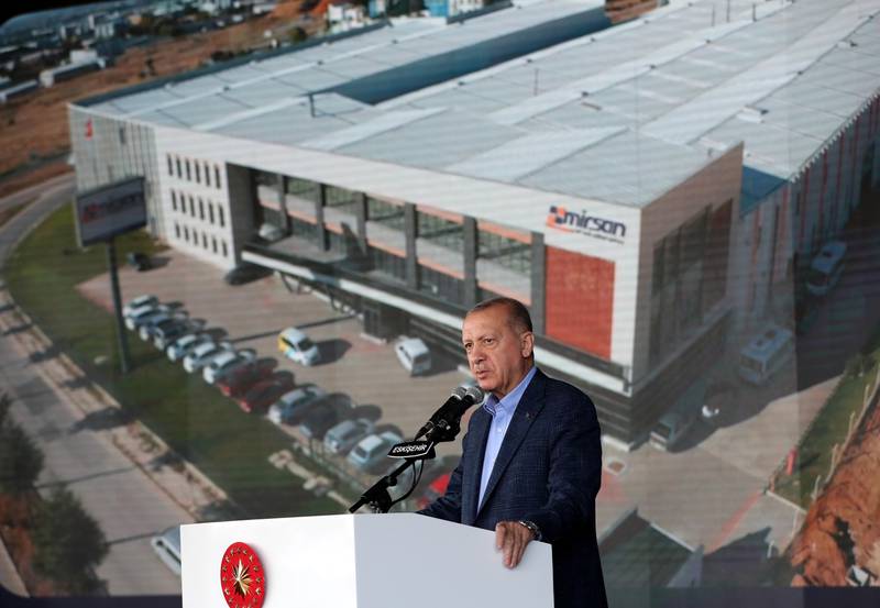 Turkish President Tayyip Erdogan addresses his supporters in Eskisehir, Turkey, October 23, 2021. Reuters