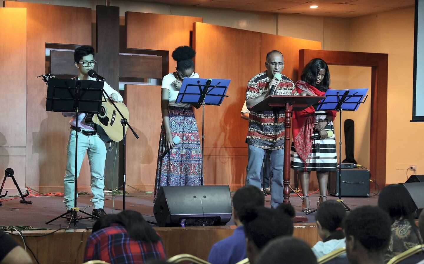 ABU DHABI ,  UNITED ARAB EMIRATES , SEPTEMBER 20 – 2019 :- Aubrey Sequeira, Associate Pastor ( 2nd from right ) during the service at the Evangelical Community Church in Abu Dhabi. ( Pawan Singh / The National ) For News. Story by Ramola
