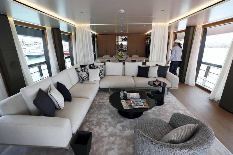 DUBAI , UNITED ARAB EMIRATES , February 26 – 2019 :- Inside view of the Motor Yacht O , Jersey at the Dubai International Boat Show held in Dubai. ( Pawan Singh / The National ) For News/Instagram/Big Picture. Story by Nick Webster 