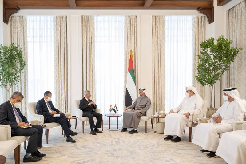 Sheikh Mohamed bin Zayed, Crown Prince of Abu Dhabi and Deputy Supreme Commander of the Armed Forces, hosted India's Minister of External Affairs, Subrahmanyam Jaishankar, on Sunday at Al Shati Palace. Seen with Ali Al Shamsi, deputy secretary-general of the UAE Supreme National Security Council (R) and Khaldoon Al Mubarak, chief executive and managing director of Mubadala, chairman of the Abu Dhabi Executive Affairs Authority and Abu Dhabi Executive Council Member (2nd R). Photo: Ministry of Presidential Affairs
