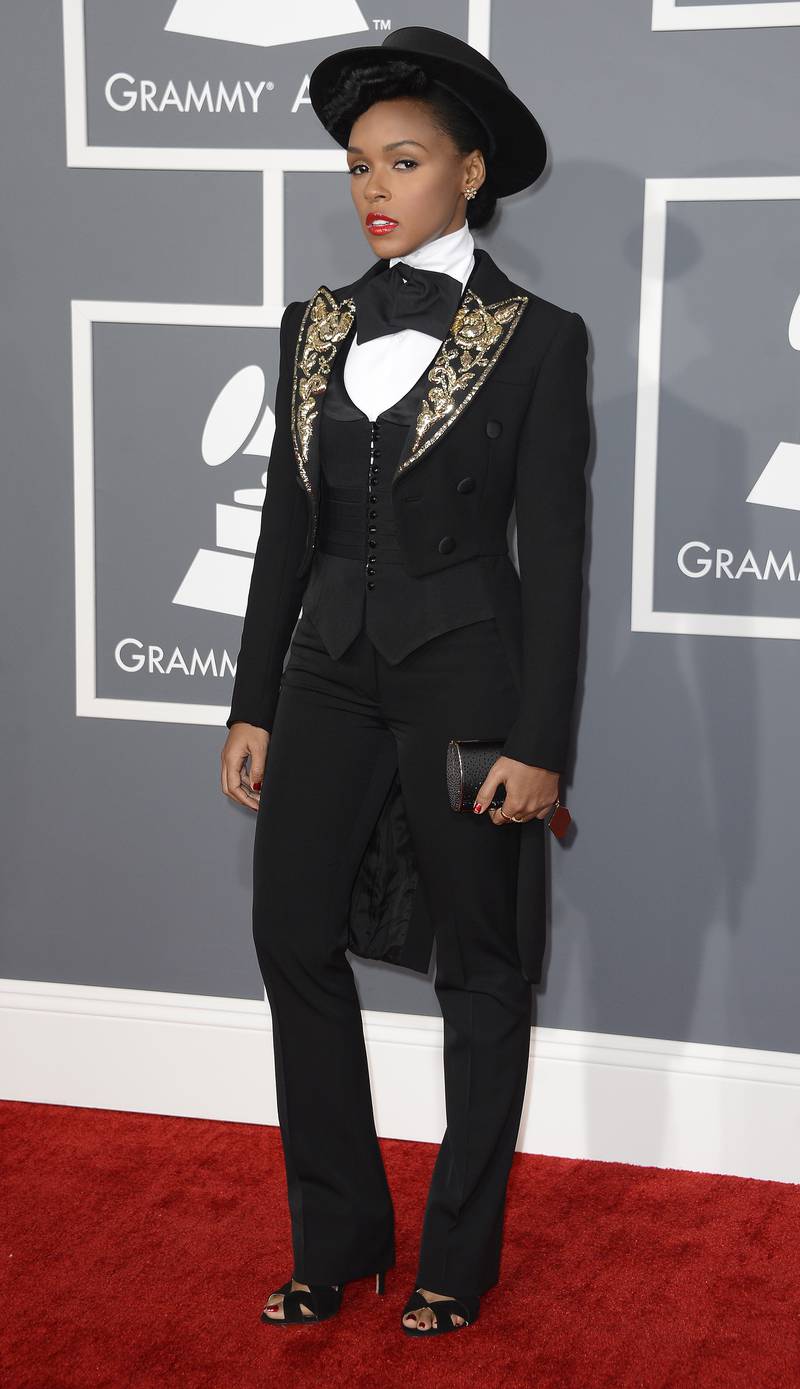 Janelle Monae, wearing a Moschino jacket with a Ralph Lauren hat, arrives at the 55th Grammy Awards on February 10, 2013. EPA