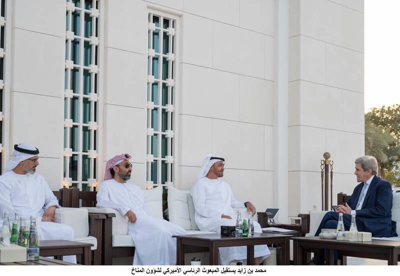 ABU DHABI, UNITED ARAB EMIRATES - April 04, 2021: HH Sheikh Mohamed bin Zayed Al Nahyan, Crown Prince of Abu Dhabi and Deputy Supreme Commander of the UAE Armed Forces (3rd L), meets with John Kerry, US Presidential Envoy for Climate (R), at Al Shati Palace. Seen with HH Major General Sheikh Khaled bin Mohamed bin Zayed Al Nahyan, Deputy National Security Adviser, member of the Abu Dhabi Executive Council and Chairman of Abu Dhabi Executive Office (L) and HH Sheikh Tahnoon bin Zayed Al Nahyan, UAE National Security Advisor (2nd L).( Mohamed Al Hammadi / Ministry of Presidential Affairs )---