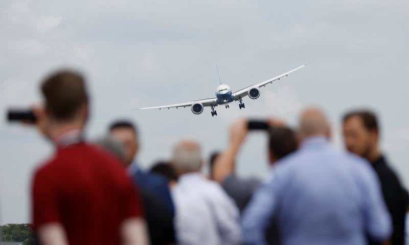 A Boeing 777X aircraft during a display at the Farnborough International Airshow in the UK. Reuters