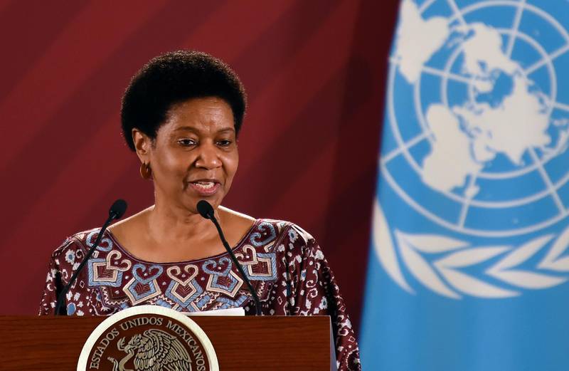 Phumzile Mlambo-Ngcuka, Executive Director of UN Women, speaks during a joint press conference with Mexican President Andres Manuel Lopez Obrador (out of frame), at the National Palace in Mexico City on May 29, 2019. (Photo by Alfredo ESTRELLA / AFP)