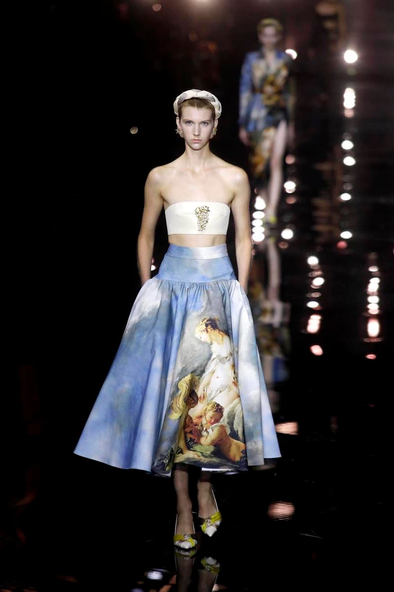 Roberto Cavalli offered skirts printed with images from 18th-century paintings. EPA 