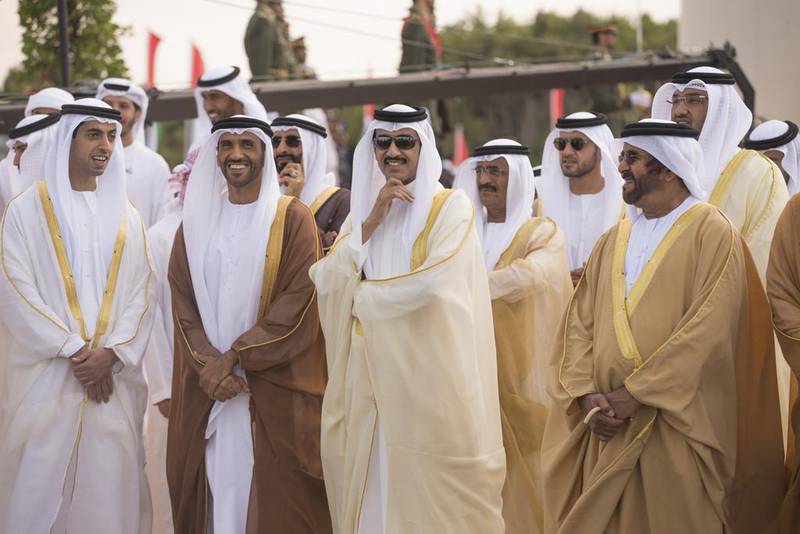 Sheikh Khaled bin Zayed, Deputy Chairman of Etihad Airways, Sheikh Nahyan bin Zayed, Chairman of the Board of Trustees of Zayed bin Sultan Al Nahyan Charitable and Humanitarian Foundation, Ahmed Juma Al Zaabi, Deputy Minister of Presidential Affairs and Sheikh Saif bin Mohamed n, attend a flag raising ceremony in celebration of the UAE’s 43rd National Day at the Breakwater in Abu Dhabi. Donald Weber / Crown Prince Court - Abu Dhabi