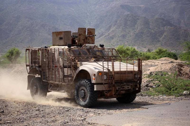 An armoured vehicle used by pro-government fighters during clashes with Houthi rebels in Taez, Yemen. Ahmad Al Basha / AFP