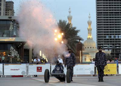 Sharjah, United Arab Emirates - Reporter: N/A. News. Cannon firing at Al Majaz Waterfront in Sharjah on the second day of Ramadan to break the fast. Wednesday, April 14th, 2021. Sharjah. Chris Whiteoak / The National