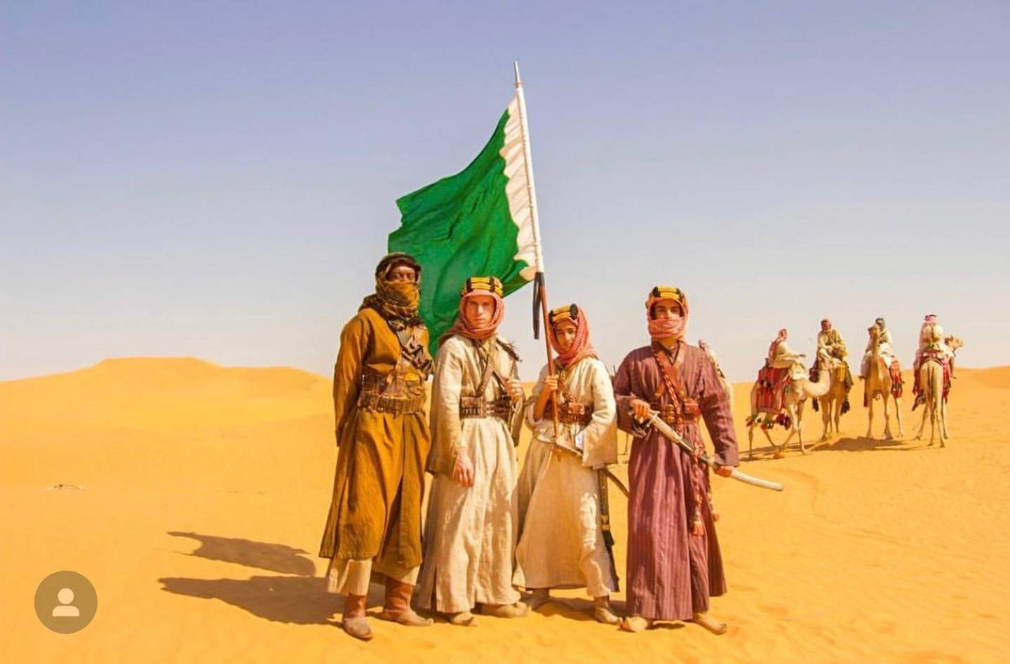 Eighteen-year-old Saudi actor Abdullah Ali plays Prince Faisal (second from right), and Ed Skrein plays the character of Harry St John Bridger Philby. Courtesy Henry Fitzherbert.