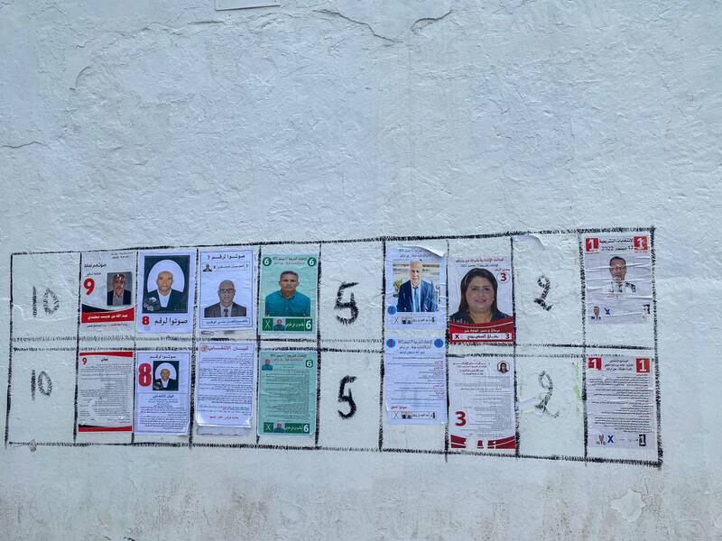 Posters of candidates running in Saturday's parliamentary elections from the Ain Drahem-Tabarka constituency in north-west Tunisia. Ghaya Ben Mbarek / The National. 