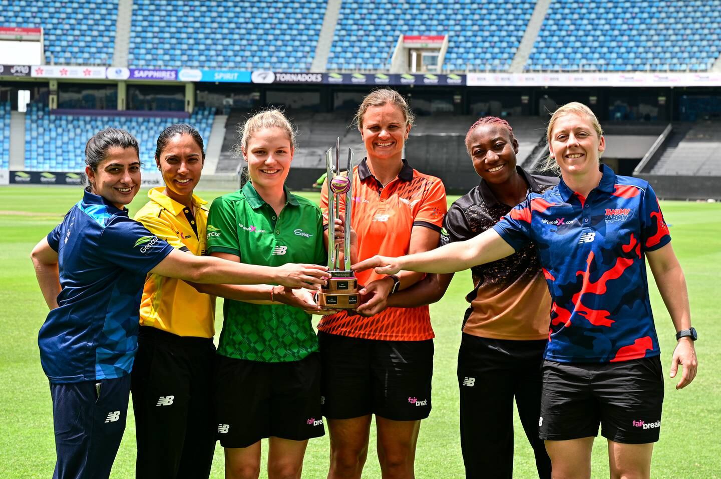 Captains of the six teams with the FairBreak Invitational Trophy in Dubai on Monday. Photo: FairBreak Global