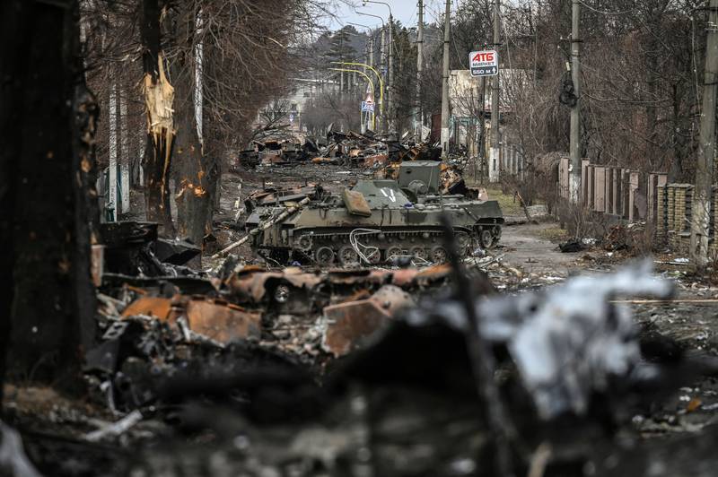 Destroyed Russian armoured vehicles in the city of Bucha, west of Kyiv. AFP