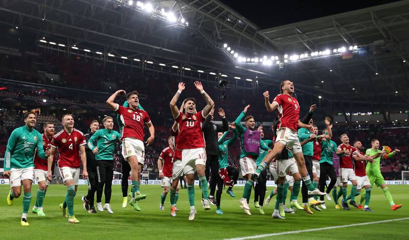 Hungary celebrate their 1-0 win at the end of the Nations League match against Germany in Leipzig, eastern Germany on September 23, 2022. AFP