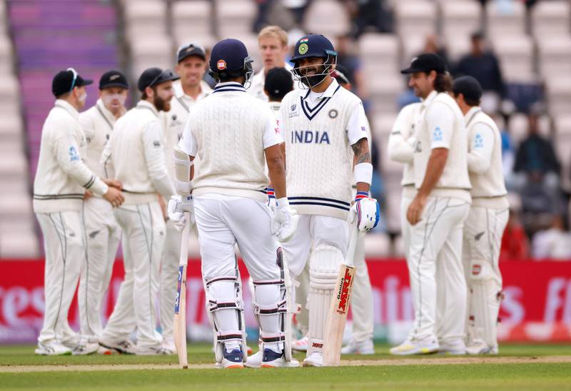 India captain Virat Kohli trudges off after falling LBW to Kyle Jamieson for 44. Reuters