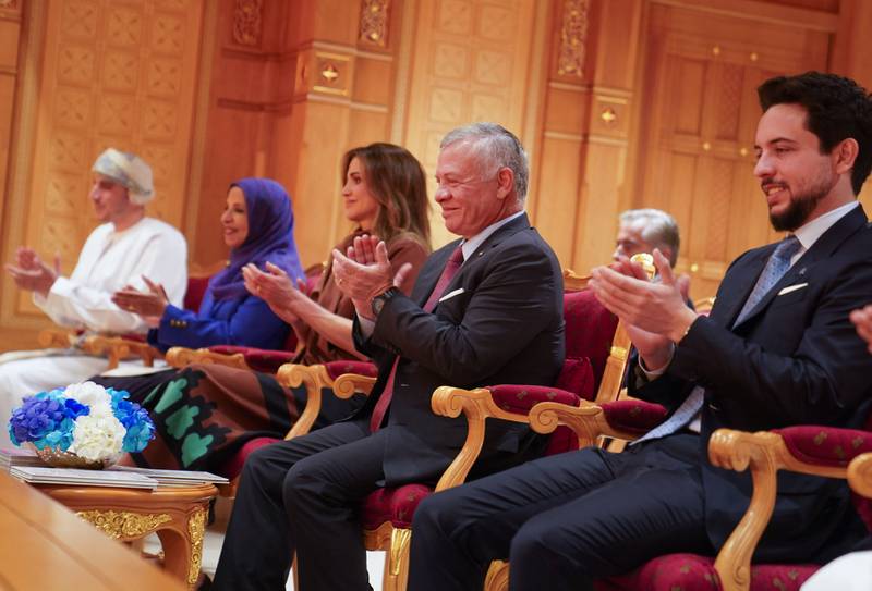 King Abdullah, Queen Rania, and Crown Prince Hussein at the House of Musical Arts at the Royal Opera House in Muscat. @RHCJO via Twitter