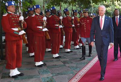 US Vice President Joe Biden arrives for a meeting with Morocco's King Mohammed VI at the royal palace in Fez on November 19, 2014. Biden is attending the Global Entrepreneurship Summit in Morocco, taking place for the first time on the African continent. AFP PHOTO/ FADEL SENNA (Photo by FADEL SENNA / POOL / AFP)