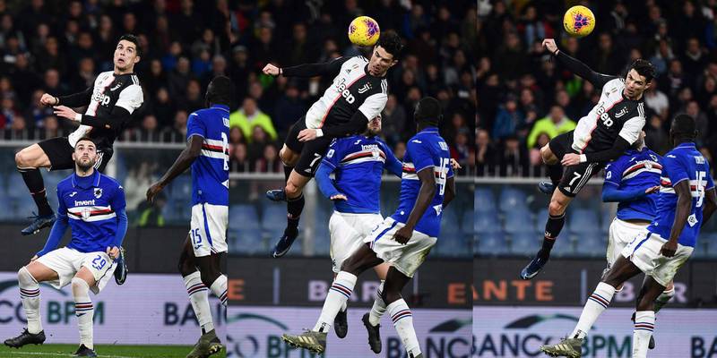 Ronaldo jumps above Sampdoria's Italian defender Nicola Murru to score his amazing header during the Italian Serie A  match. AFP
