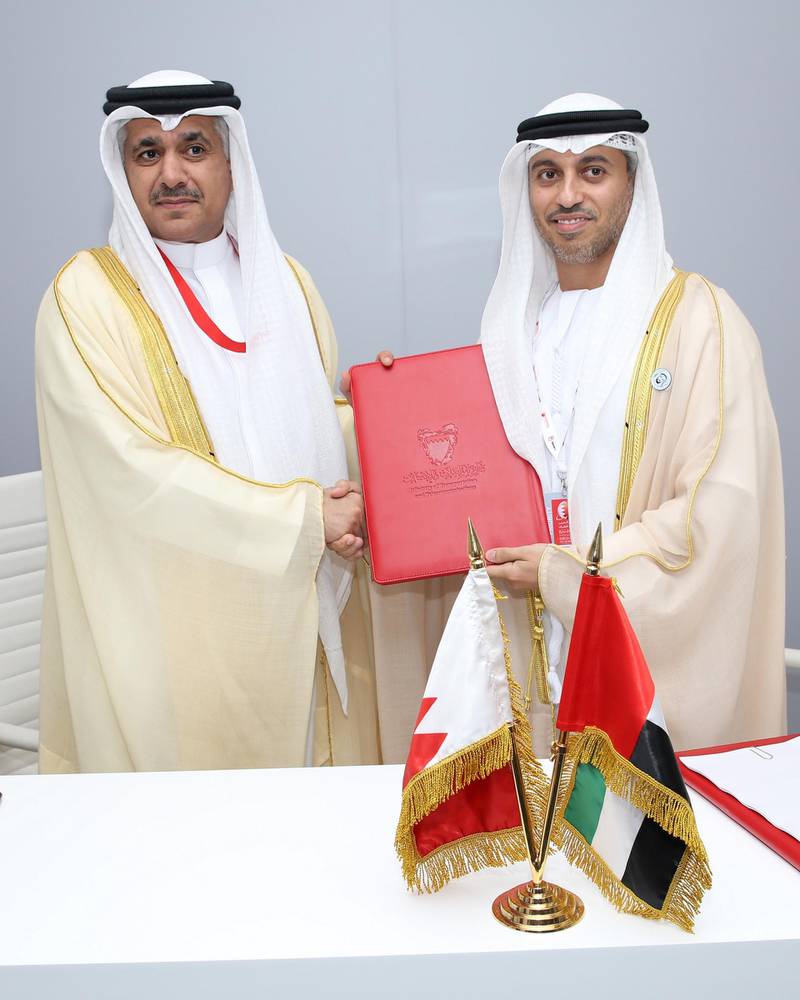 Dr Ahmad Belhoul Al Falasi, Minister of State for Higher Education and Advanced Skills and Chairman of the UAE Space Agency, agrees a new Middle East space partnership with Kamal Bin Ahmed Mohammed, Minister of Transportation and Telecommunications for Bahrain.       