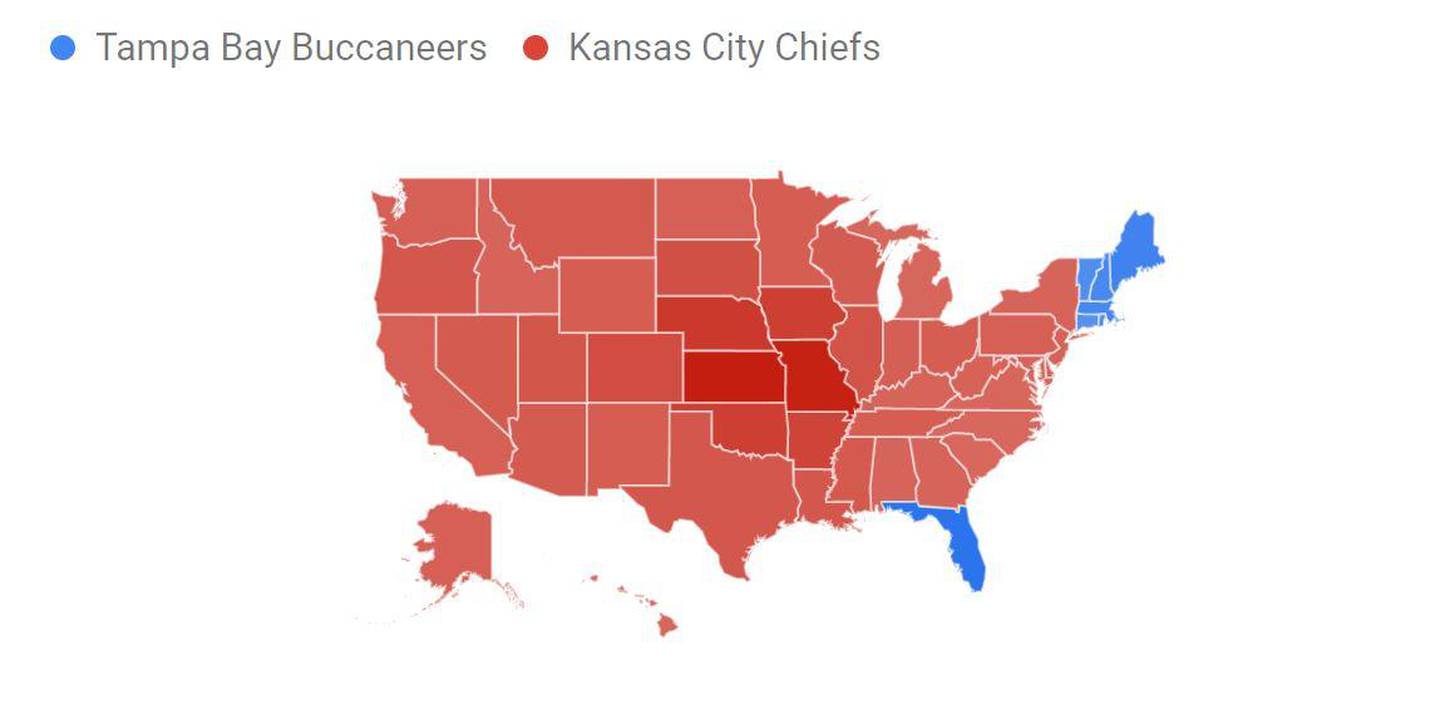 Search interest in Tampa Bay Buccaneers and Kansas City Chiefs over past week, US. Courtesy Google Trends