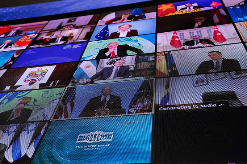 World leaders virtually attend the Leaders Summit on Climate, as seen from the East Room of the White House. AP Photo