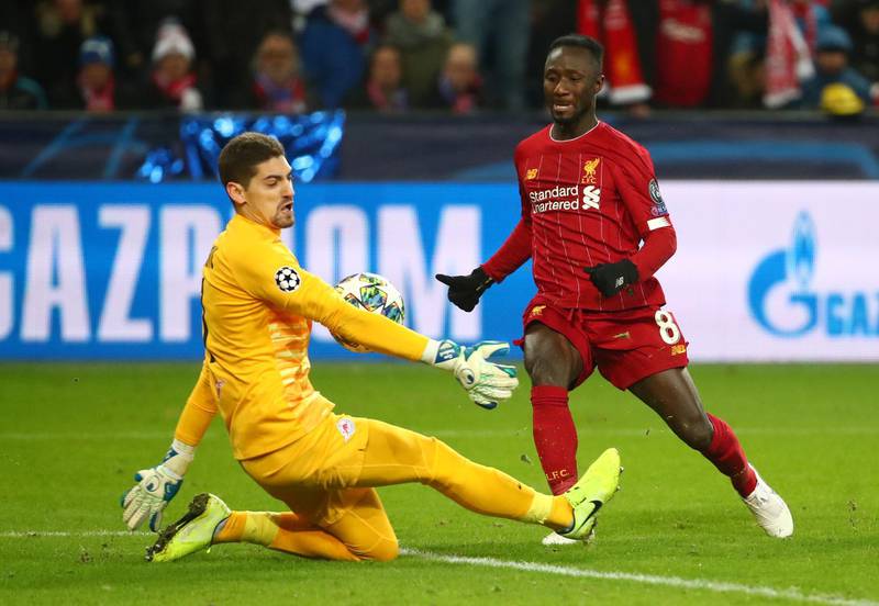 RB Salzburg's Cican Stankovic makes a save from Liverpool's Naby Keita. Reuters