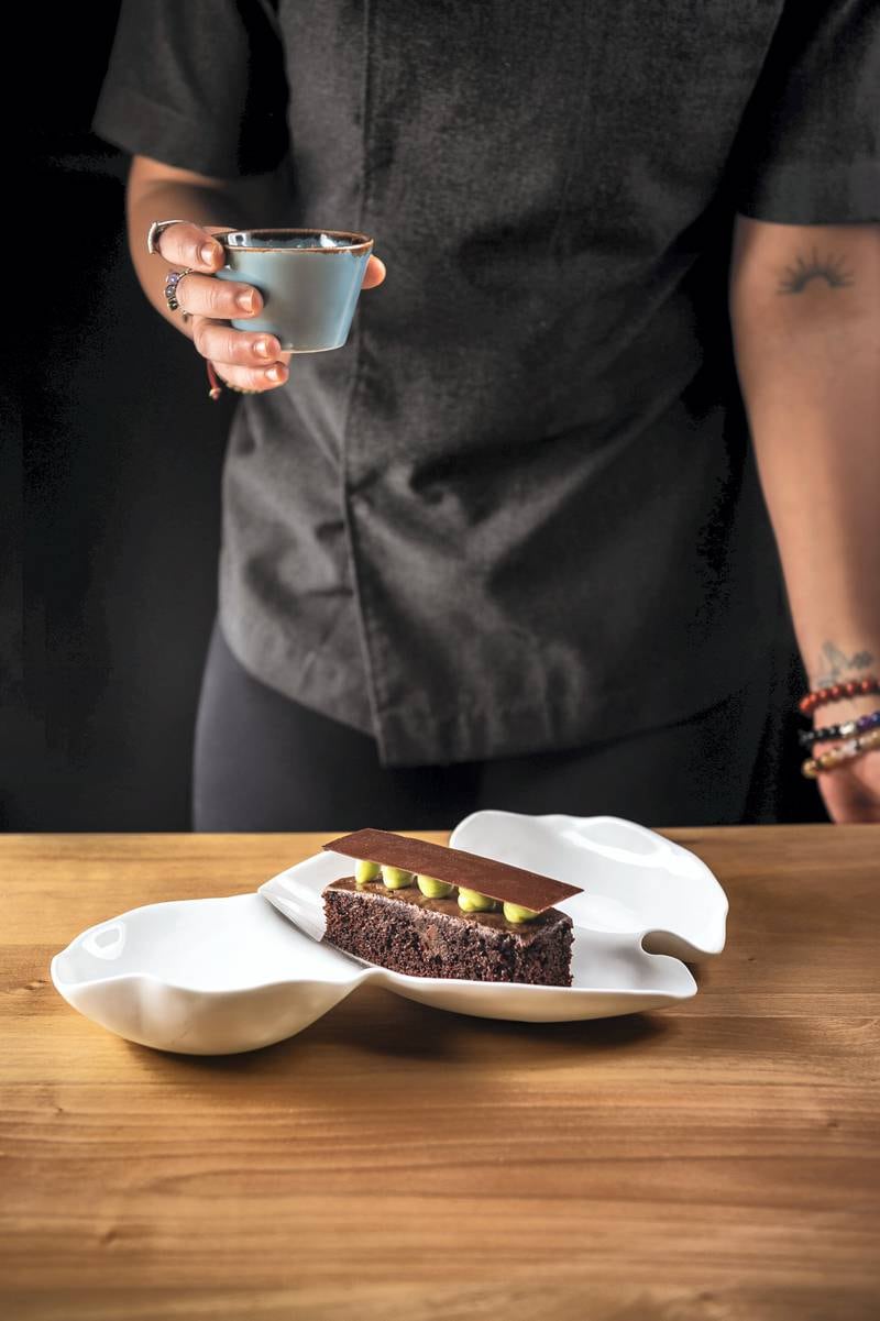 Chocolate and pistachio, the classic combination cut with a tart whey. Photo: The Gulf Hotel Bahrain
