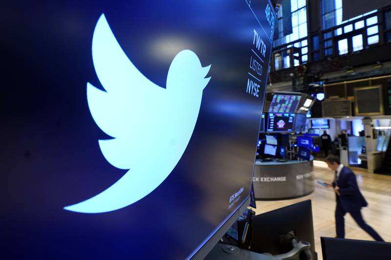 The Twitter logo on the trading floor of the New York Stock Exchange. The company's shares closed sharply lower on Monday.  AP