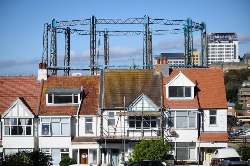 The disused framework of the storage tank at a former gasworks in Brighton, UK. Rising prices of natural gas in the UK have pushed several energy suppliers out of business this year. Getty Images